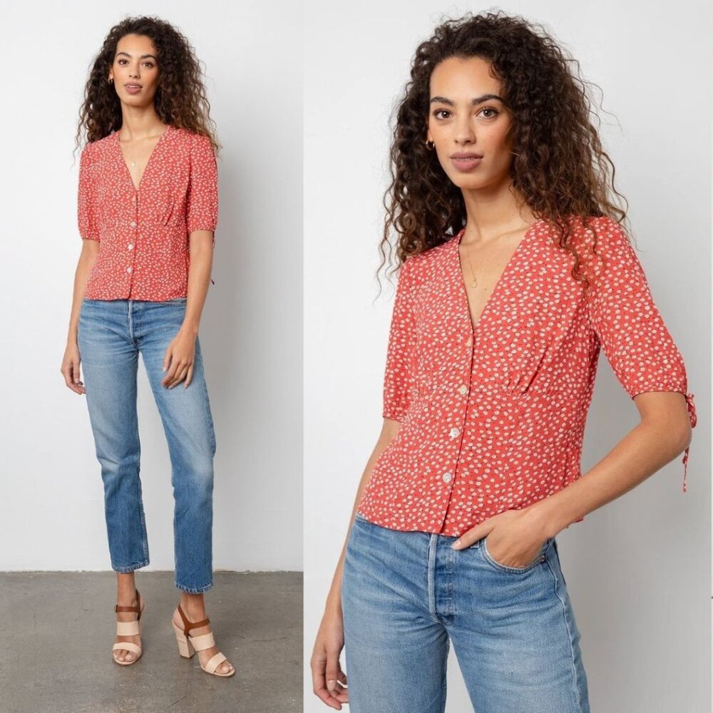Rails - Amelia Blouse Tie Sleeves Button-Up | Size Small | Carmine Daisy Red - Picture 2 of 14